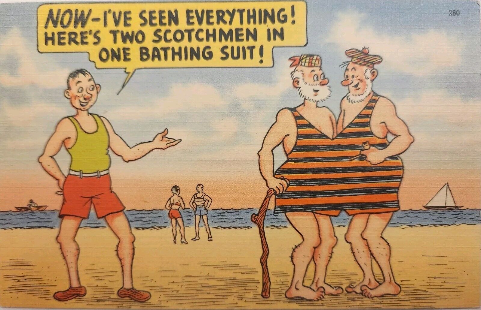 c1940s Linen Comic Humor Two Men in Bathing Suit Vintage Postcard
