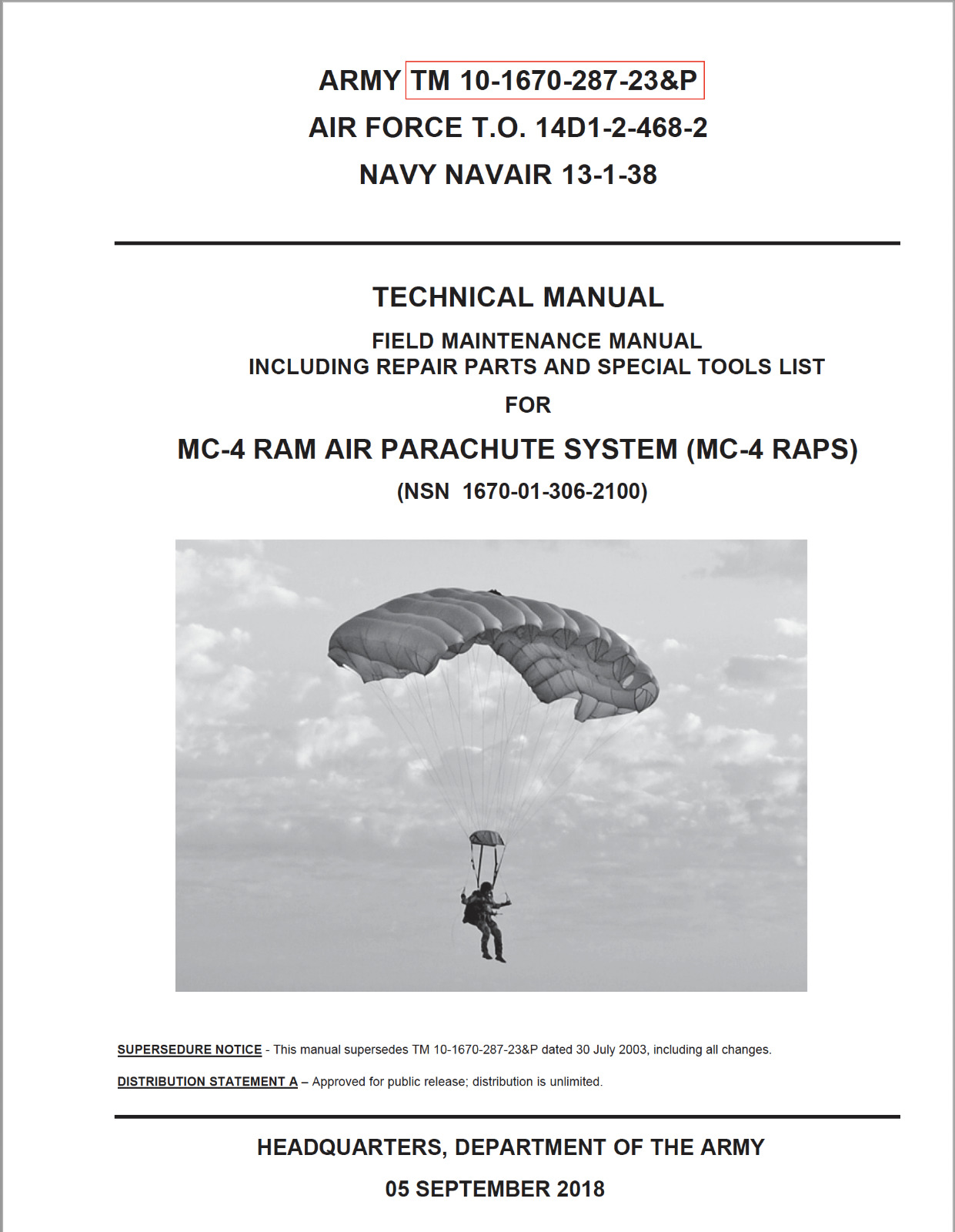 452 Page 2018 MC-4 RAM AIR PARACHUTE SYSTEM RAPS Maintenance Parts Manual on CD