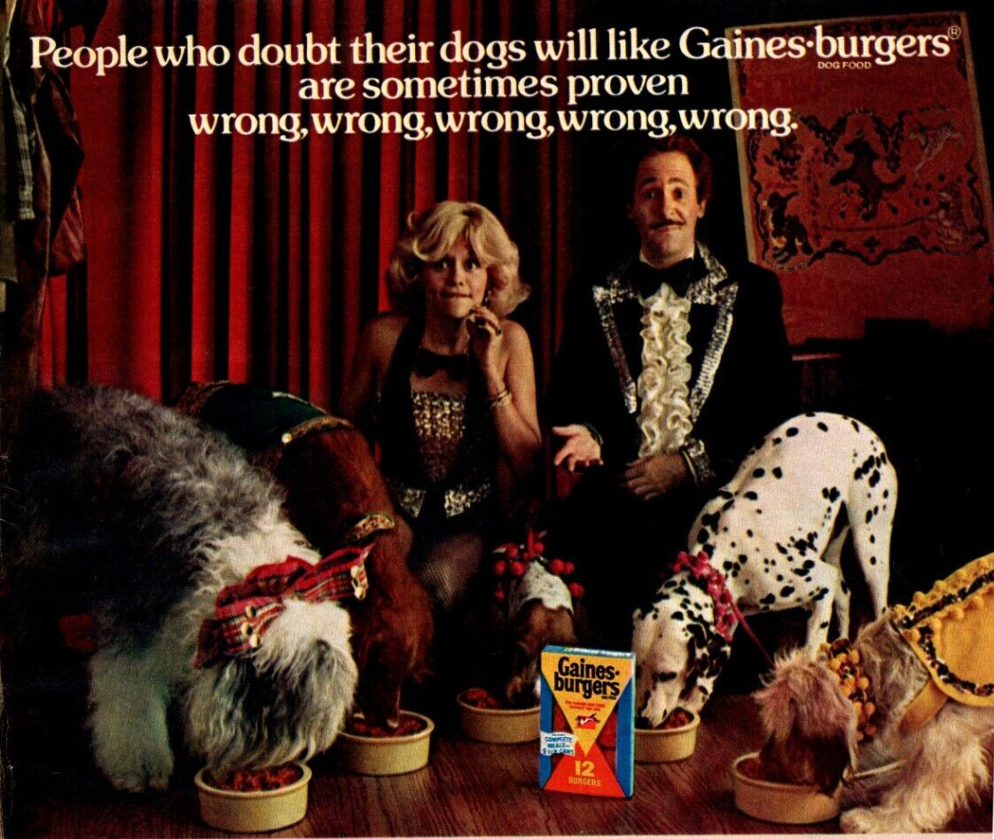 PRINT AD 1976 Gaines Burgers Dog Food Performers Sheepdog Dalmatian Vintage