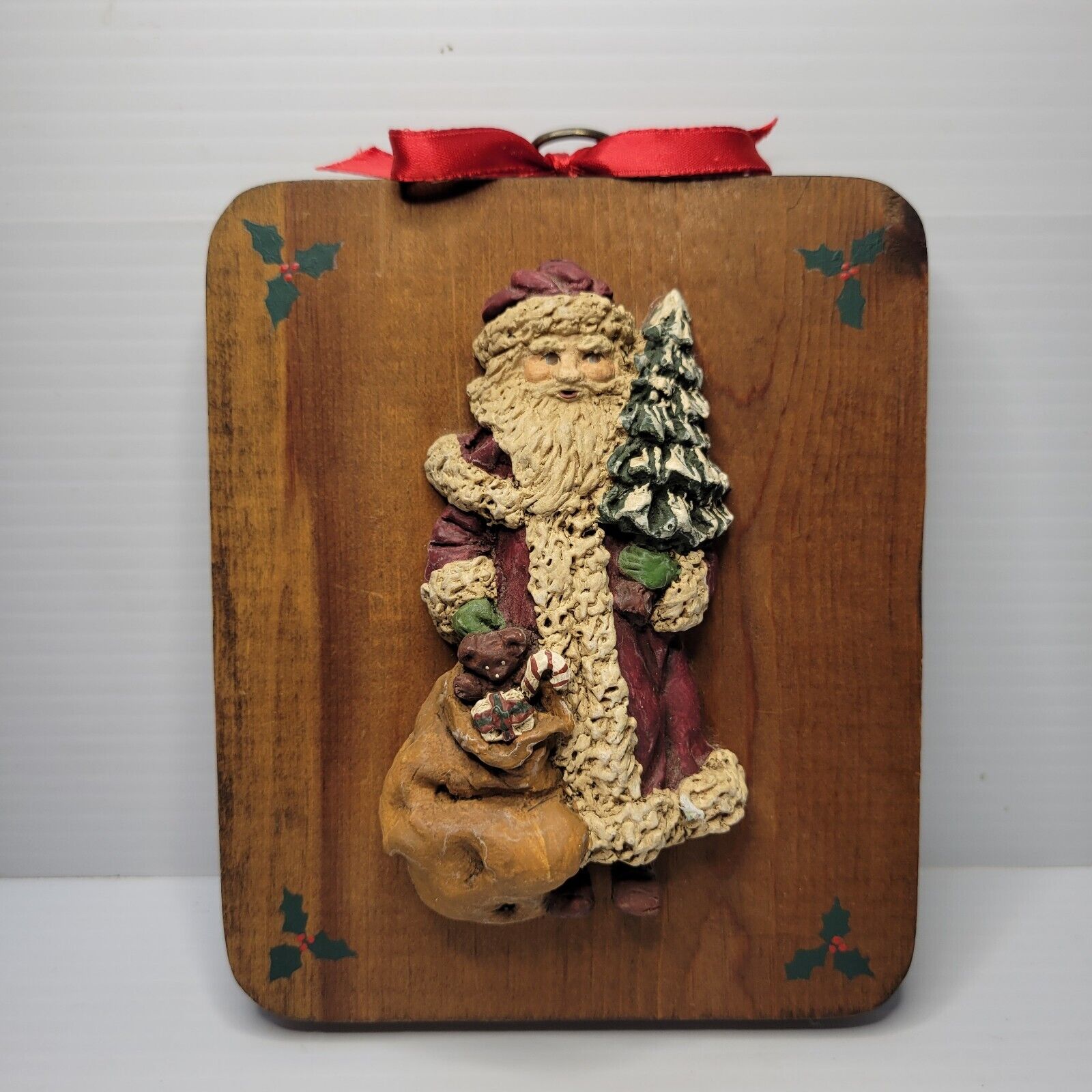 Vintage 1982 June  McKenna Santa Collectible Signed Mounted On Wood Plaque 