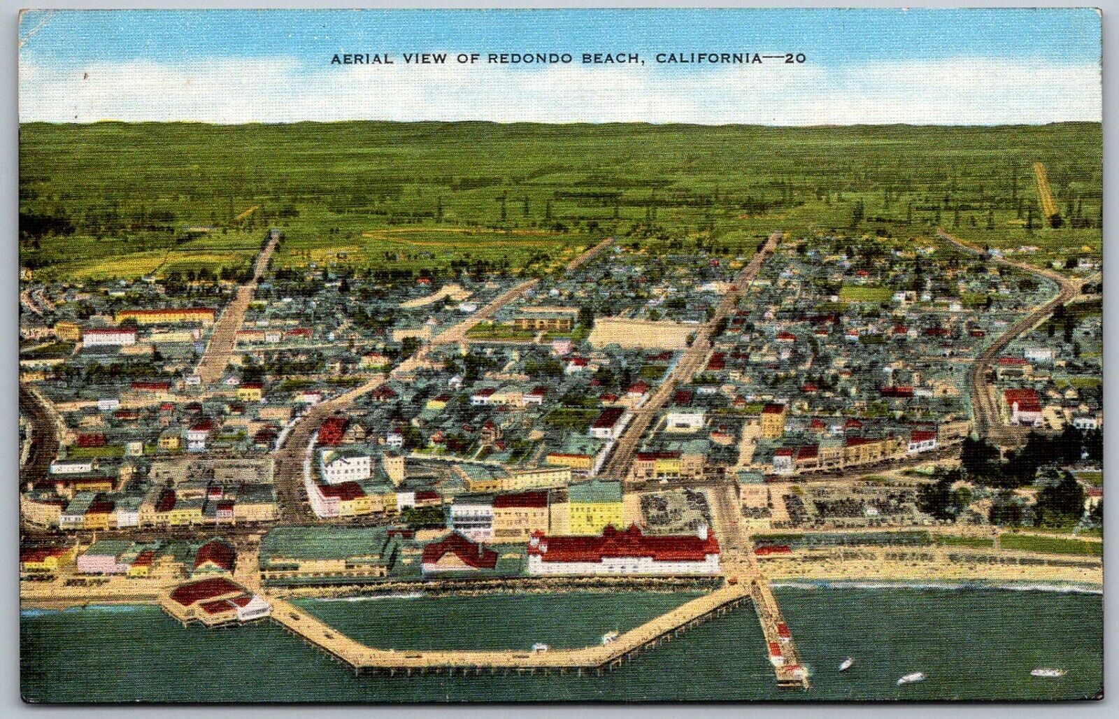 Redondo Beach California 1940s Postcard Aerial View Beach Bathers Pier