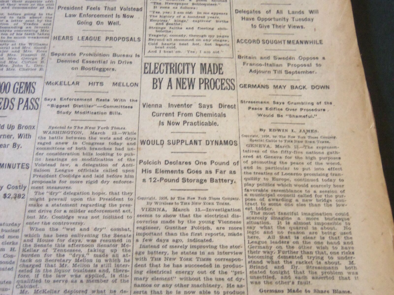 1926 MARCH 14 NEW YORK TIMES - ELECTRICITY MADE BY A NEW PROCESS - NT 6599