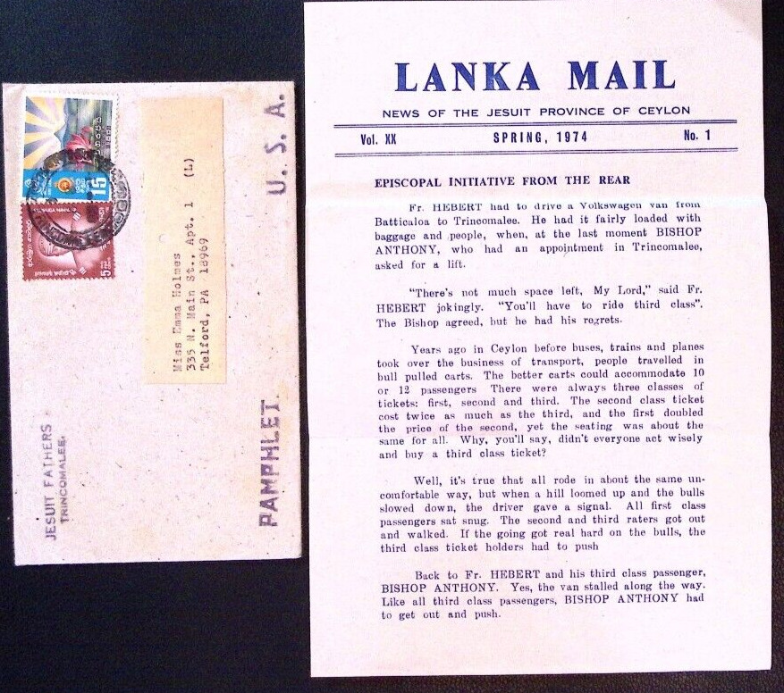 Lanka Mail Jesuit Province of Ceylon Letter & Envelope 1974 Trincomalee