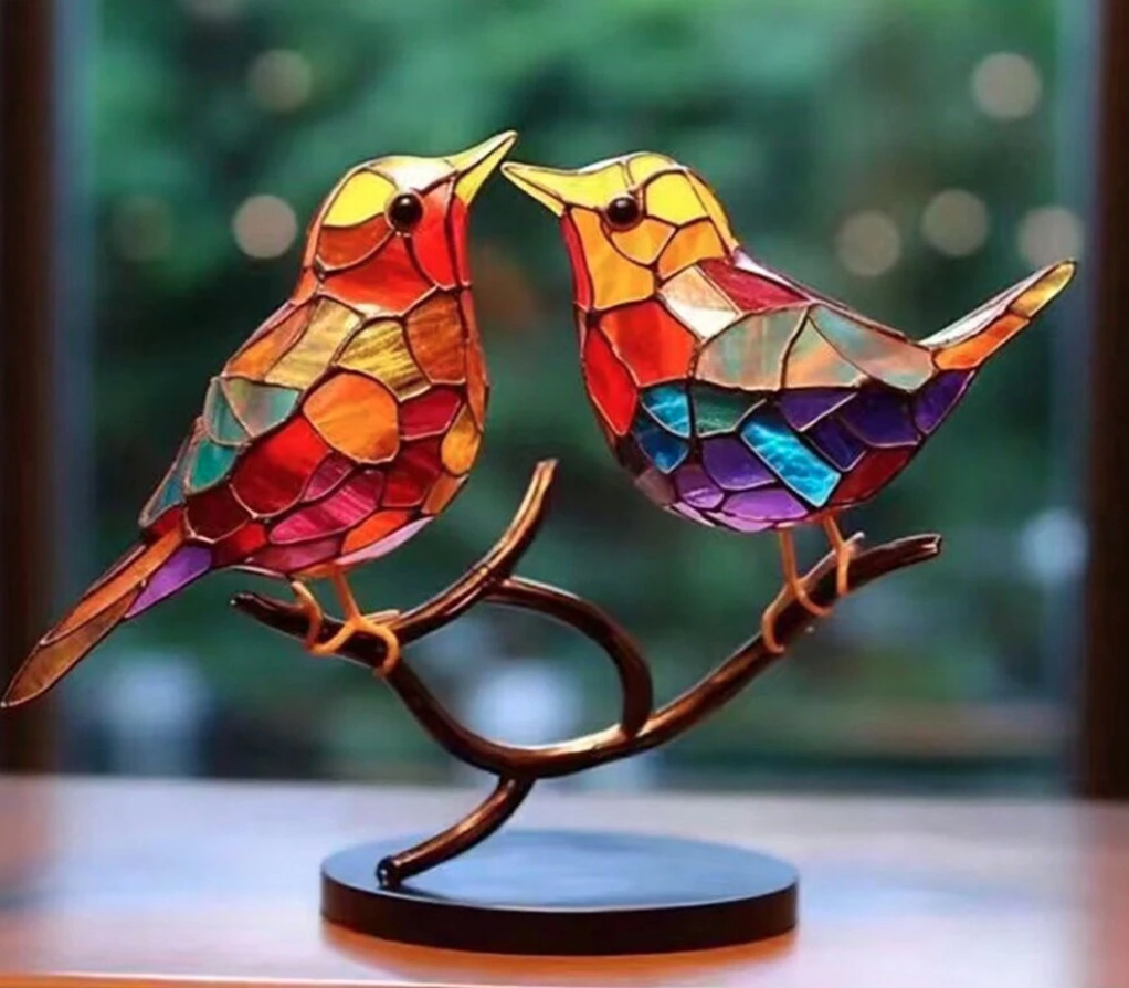 Colorful Birds Statue Sitting On Tree Branch Tabletop Birds Figurine Home Decor
