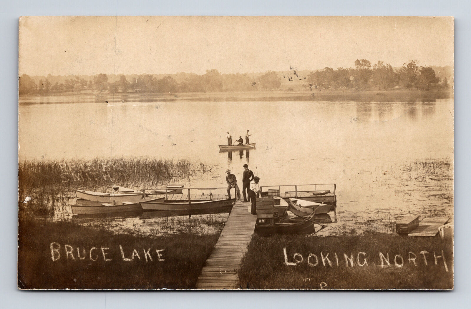 1908 RPPC Bruce Lake Fisherman in Row Boats Fishing Kewanna IN BK Smith Postcard