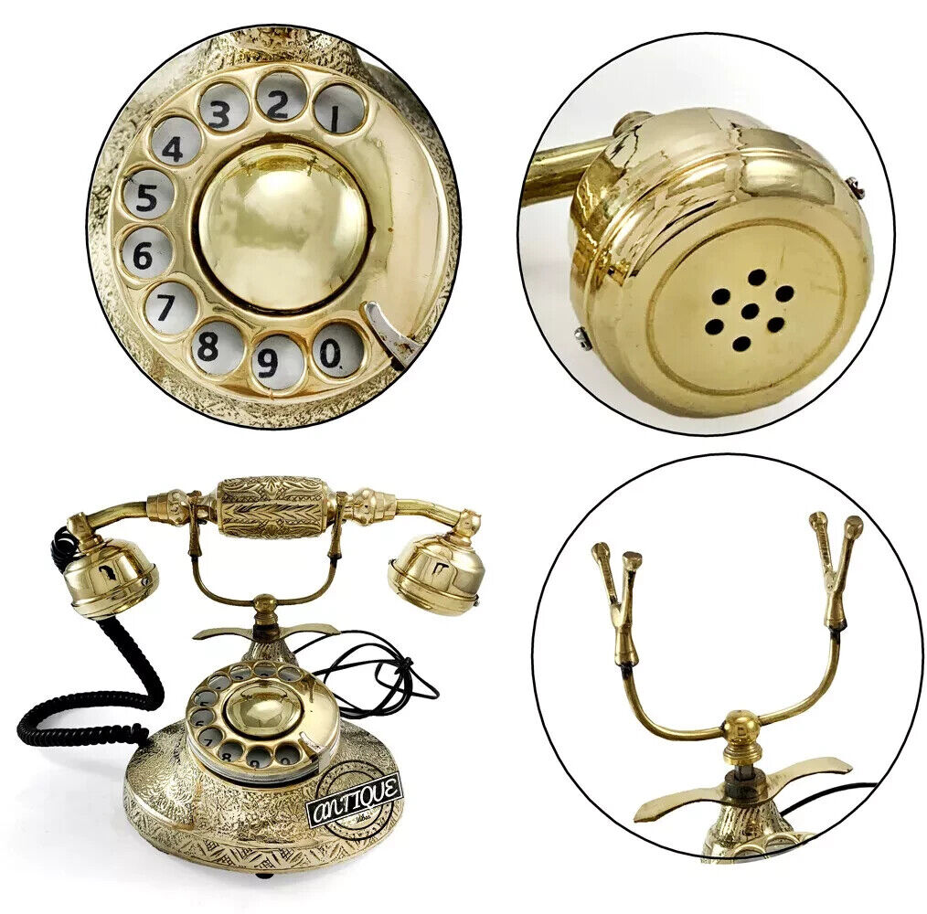 Vintage Telephone Victorian Golden Brass Old Rotary Dial Phone Office Home Decor