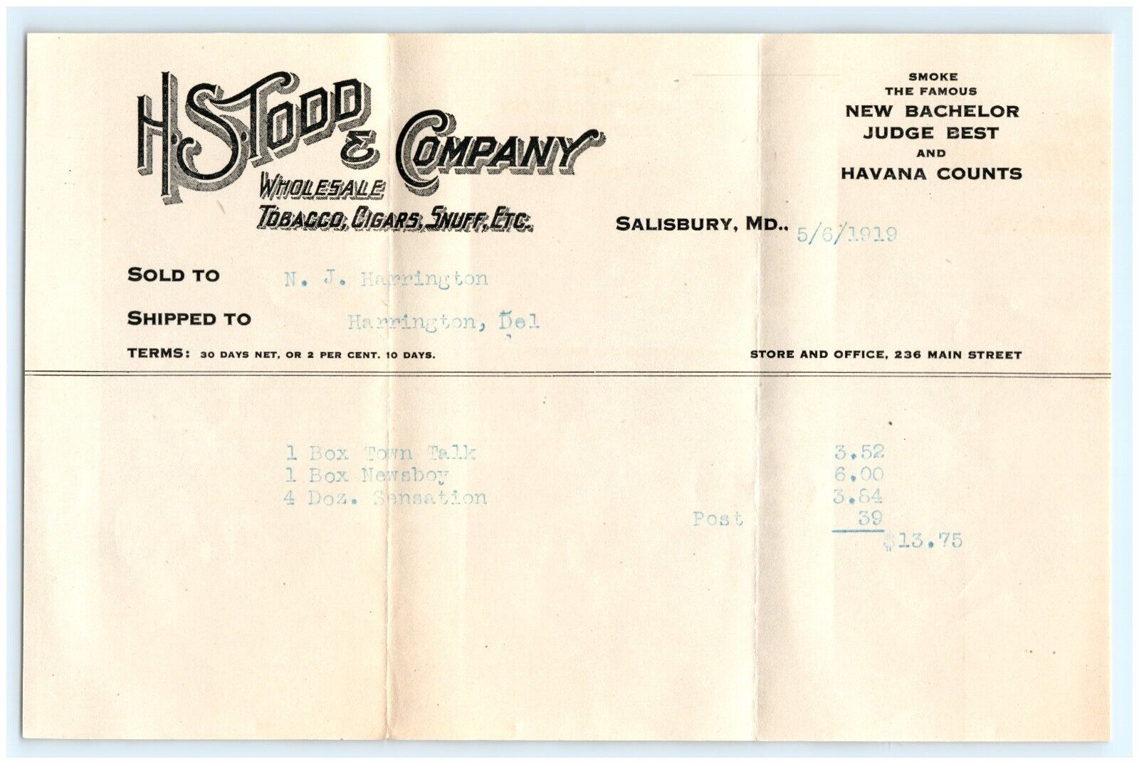1919 Tobacco Invoice H.S. Todd & Company Salisbury, MD Sold To NJ Harrington