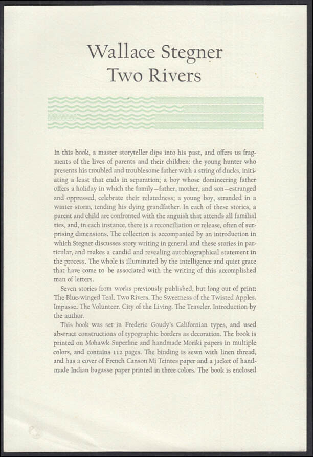 Wallace Stegner: Two Rivers PROSPECTUS Yolla Bolly Press 1989