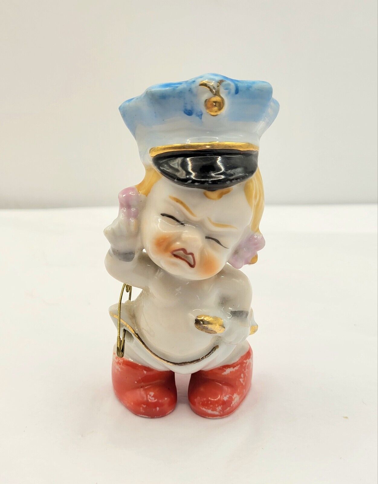 Vintage Figurine Safety Pin Diaper Baby Crying Blonde Police Hat JAPAN  1950s