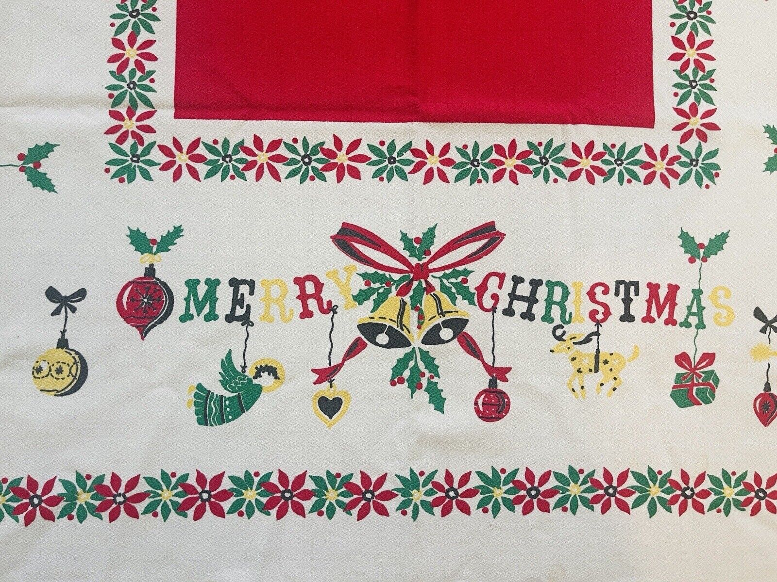 Vintage 1950s MCM Retro Atomic Christmas Tree Ornaments Tablecloth 51x61