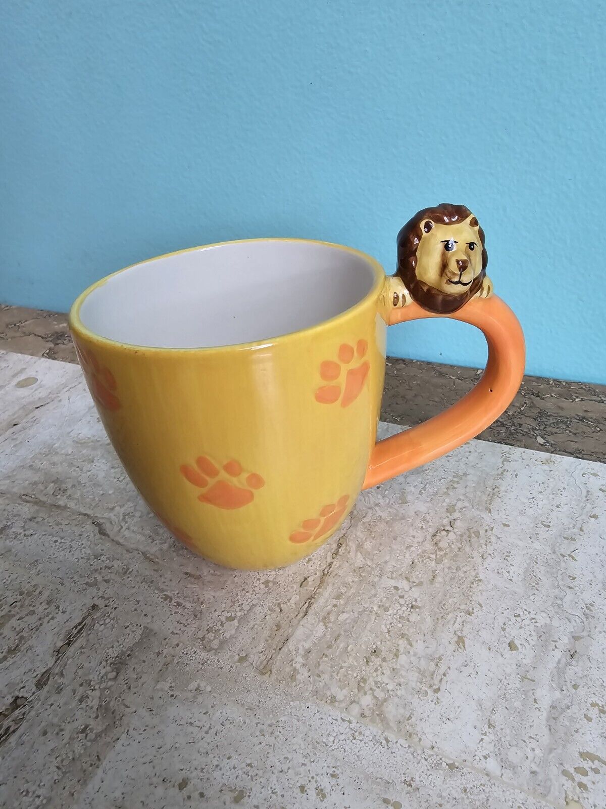 Pier 1 Mug Lion Surprise Hand Painted Coffee Mug Paw Prints Yellow Orange Handle