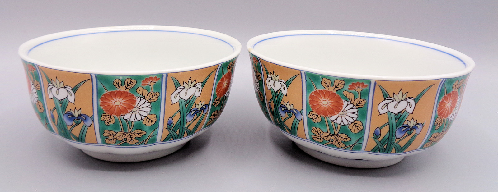 Vintage Asian Floral Orange Green White Porcelain Rice Bowls Flowers, Set of 2