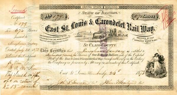 East St. Louis and Carondelet Railway Co. - Stock Certificate - Railroad Stocks
