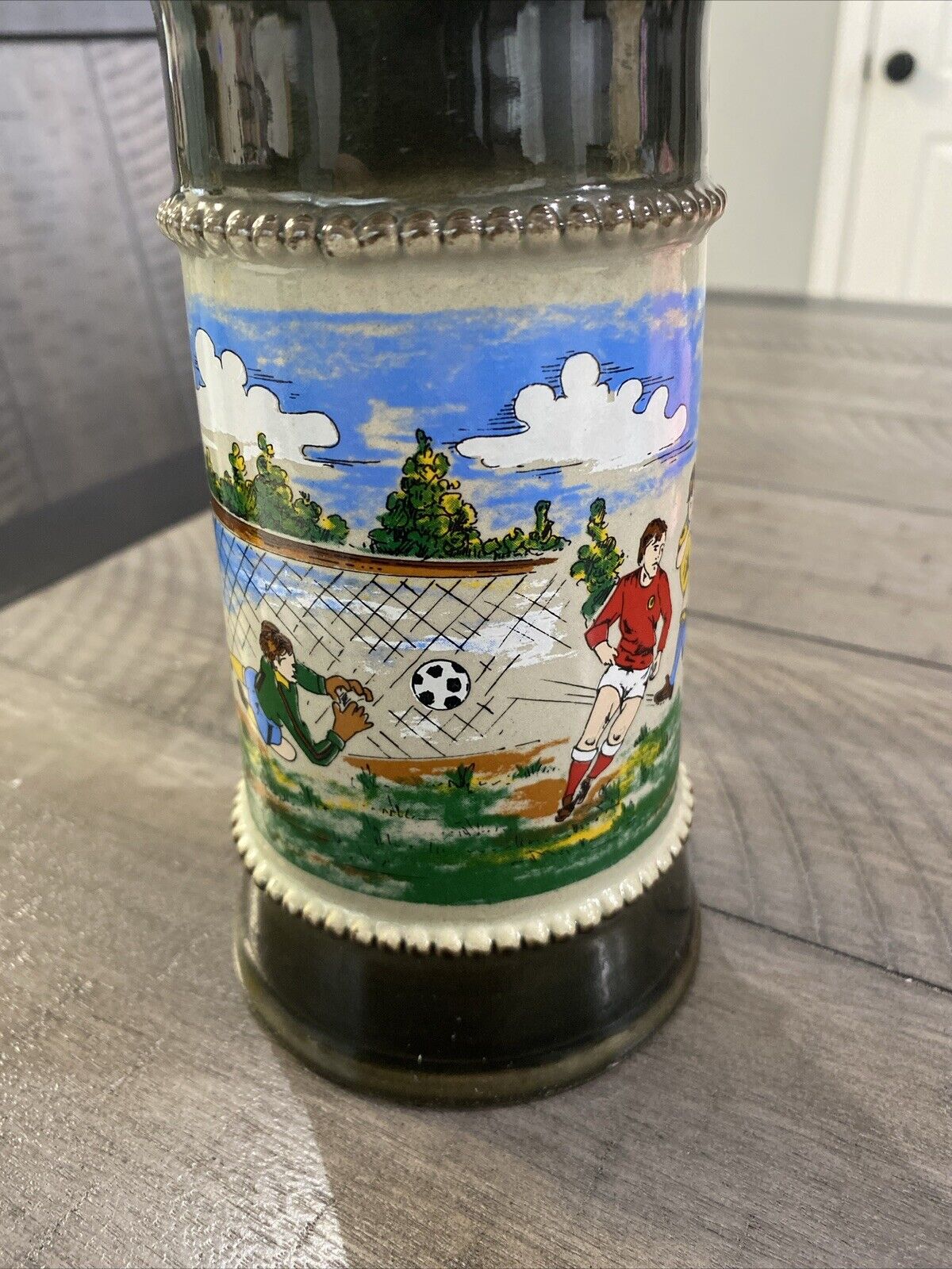German Handmade Handerbeit Beer Stein Football Soccer World Cup Lid 7” Vintage
