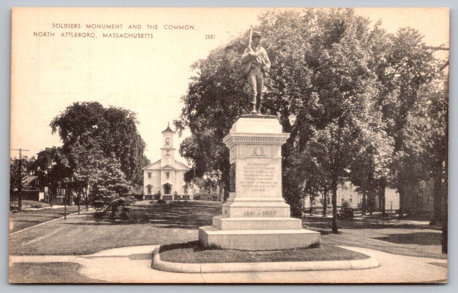 Attleboro Massachusetts Soldiers Monument & Common City Landmark BW Postcard