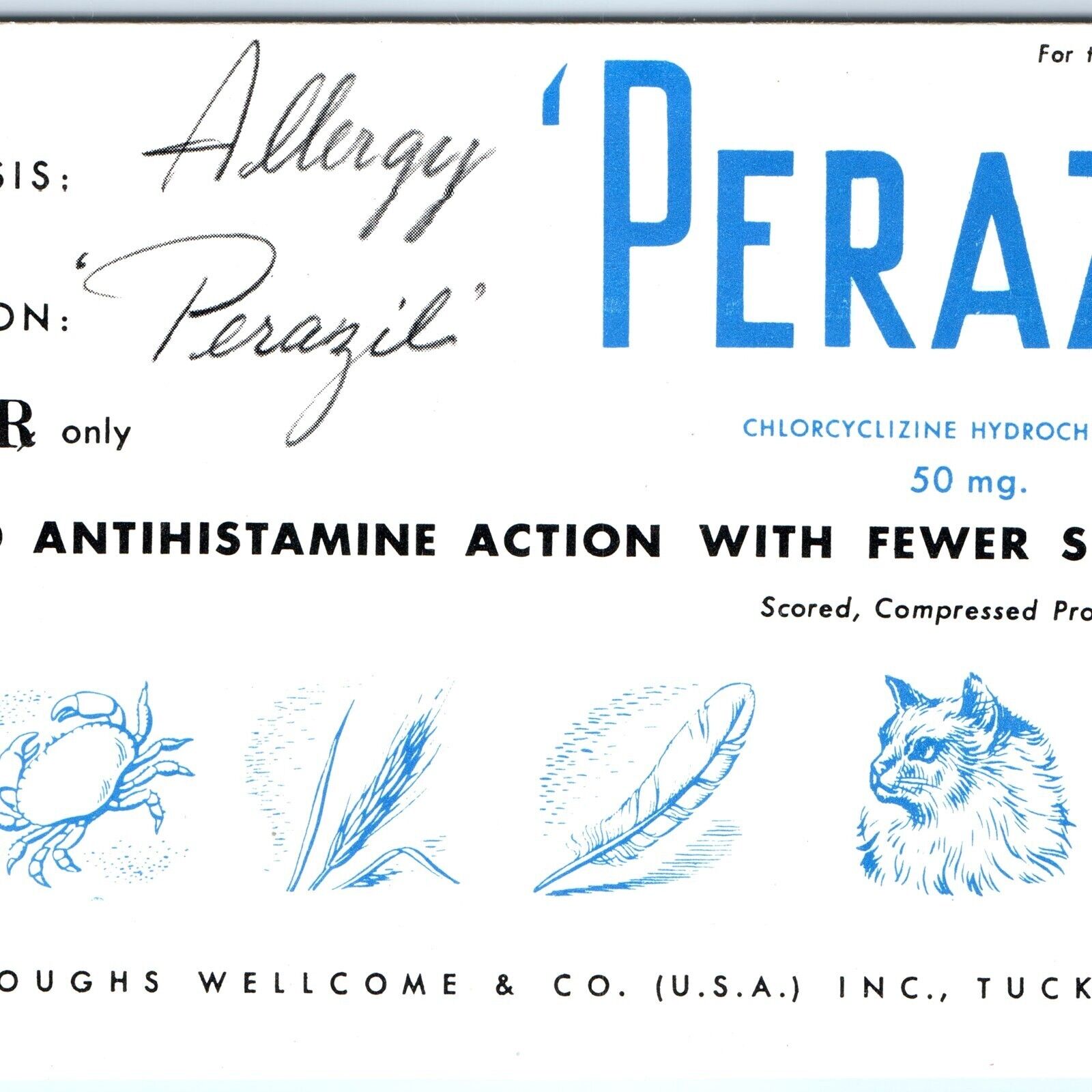 c1950s Burroughs Wellcome Perazil Medicine Blotter Allergy Antihistamine Drug 3B