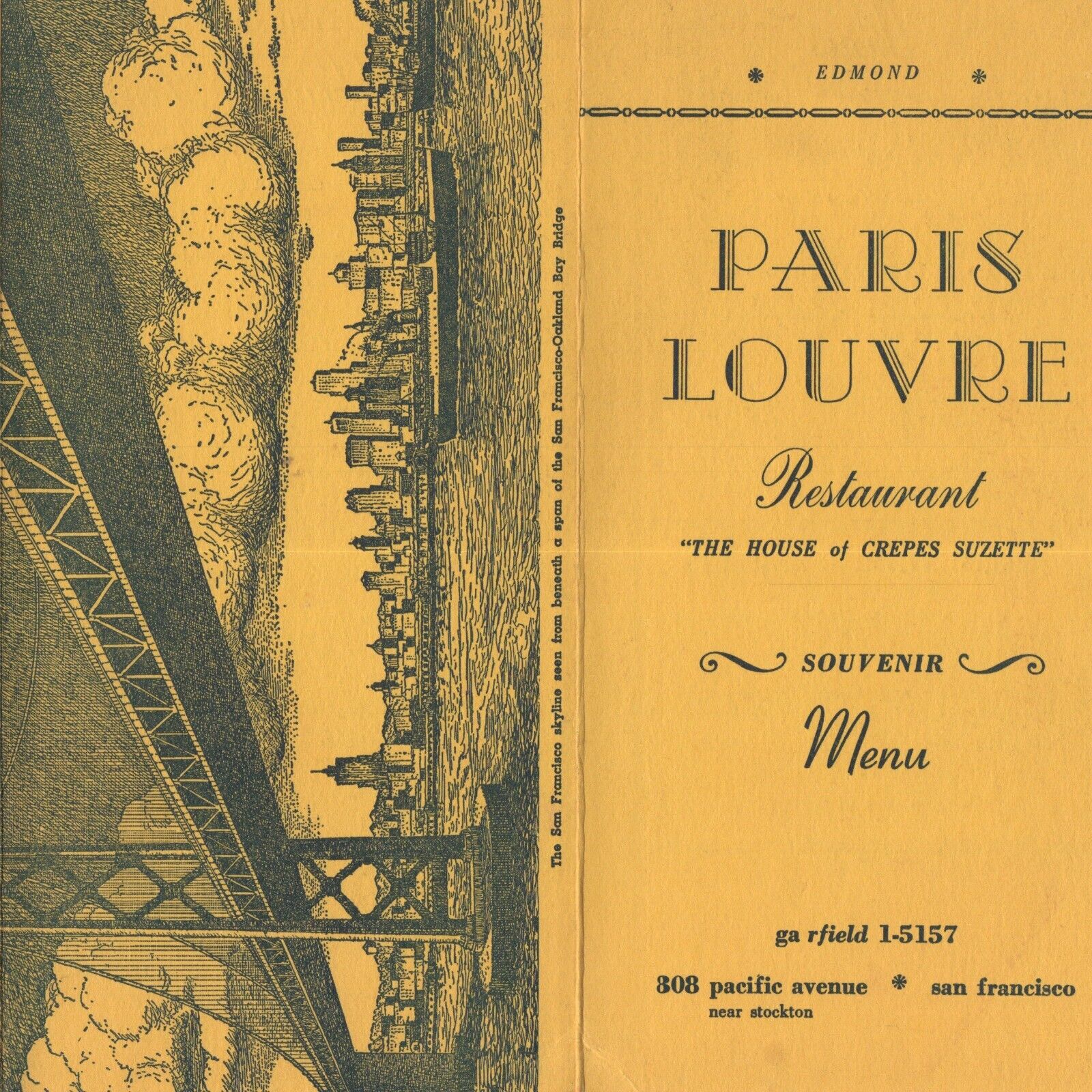 1950s Paris Louvre House of Crepes Suzette Menu 808 Pacific Avenue San Francisco