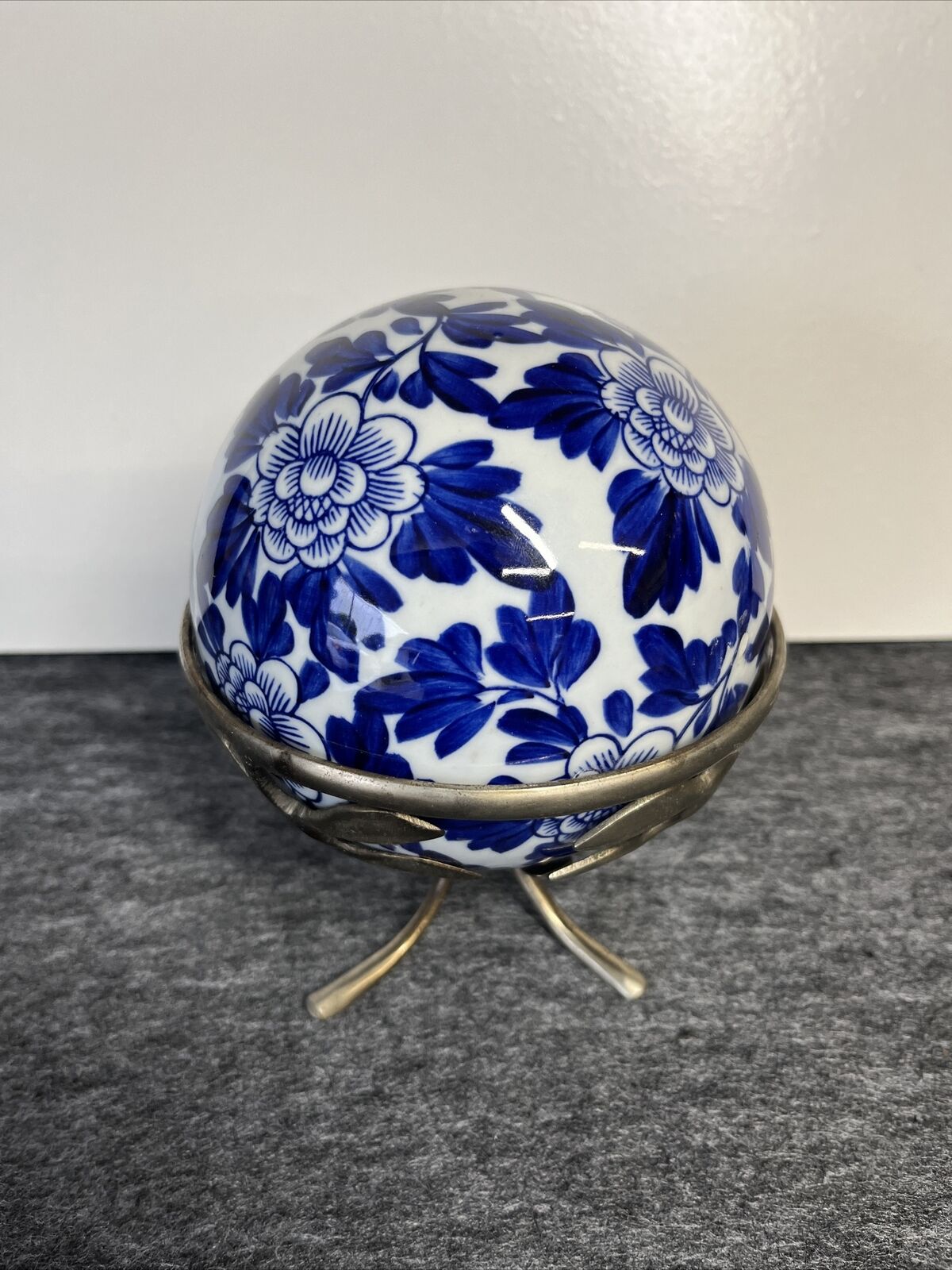 Vintage Cobalt Blue and White Gazing Ball On Stand
