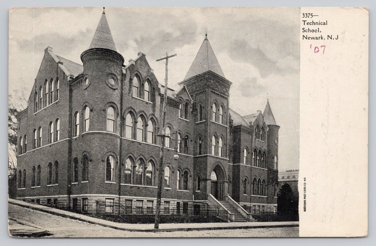 Postcard Newark New Jersey Technical School Exterior Street View 1907 Posted