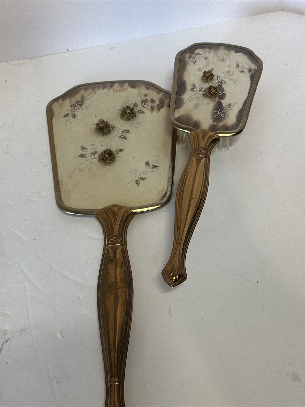 Vintage Gold Tone Vanity Hand Held Mirror Floral With 3D Roses 13
