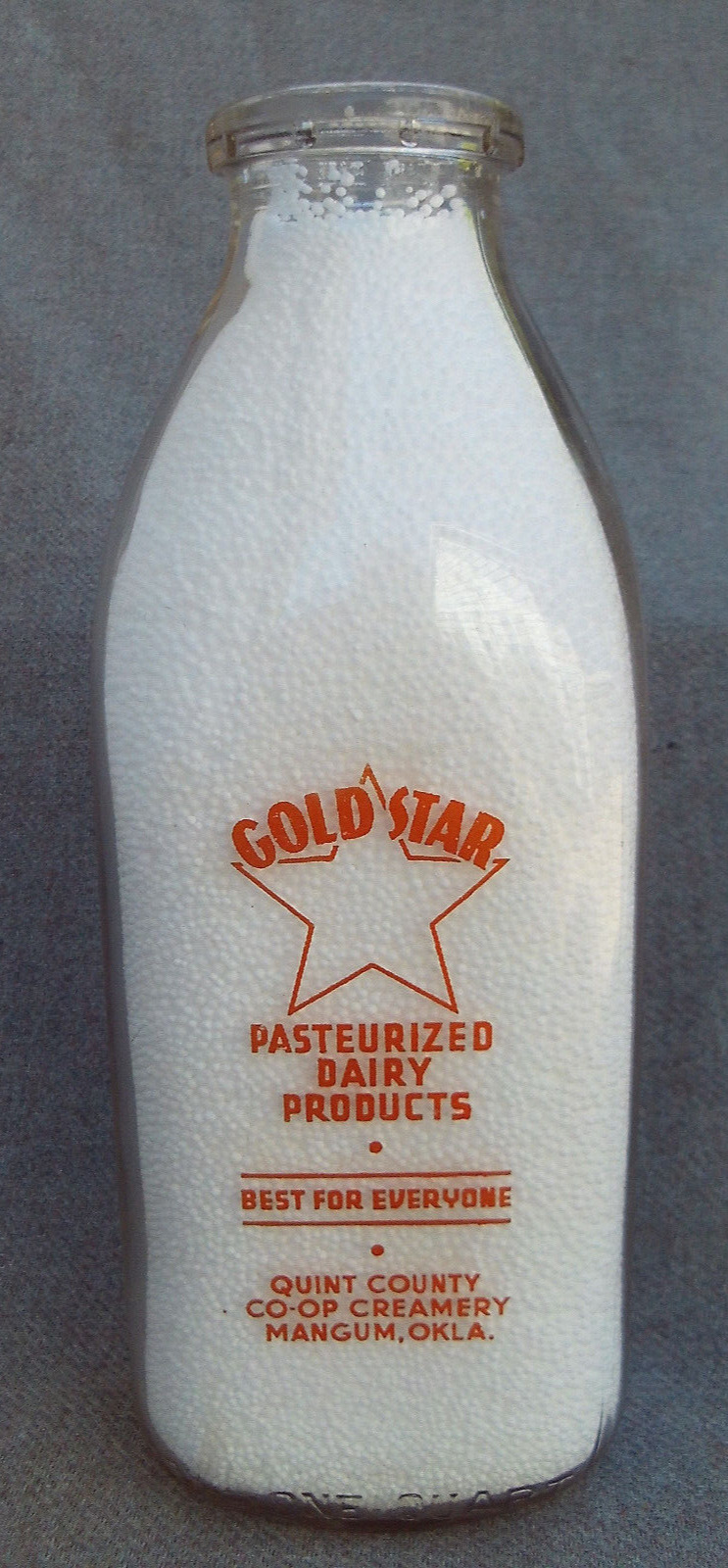 VTG 1948 GOLD STAR QUINT COUNTY CO-OP SSPQ ACL PYRO MILK BOTTLE MANGUM, OKLAHOMA