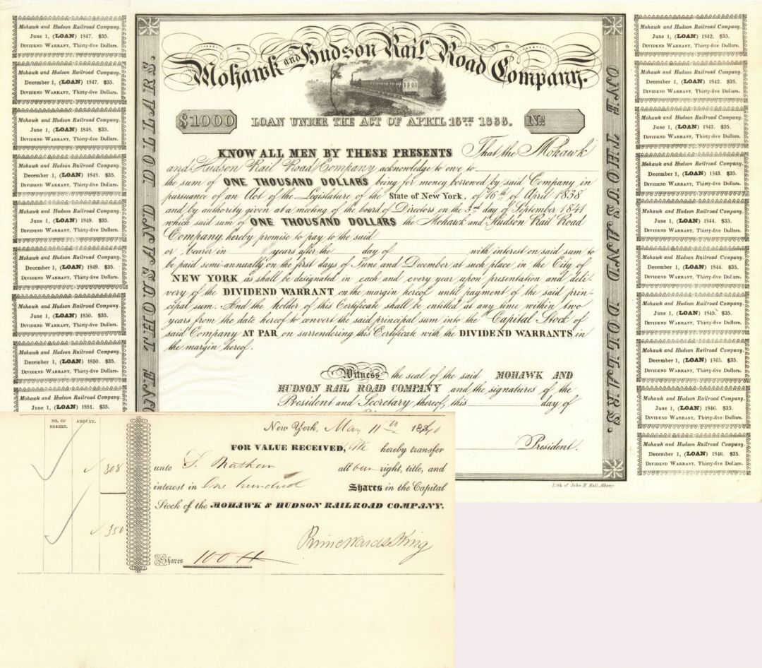 Pair of Mohawk & Hudson Rail Road Co. Items - $1,000 Bond and Stock Transfer - 2