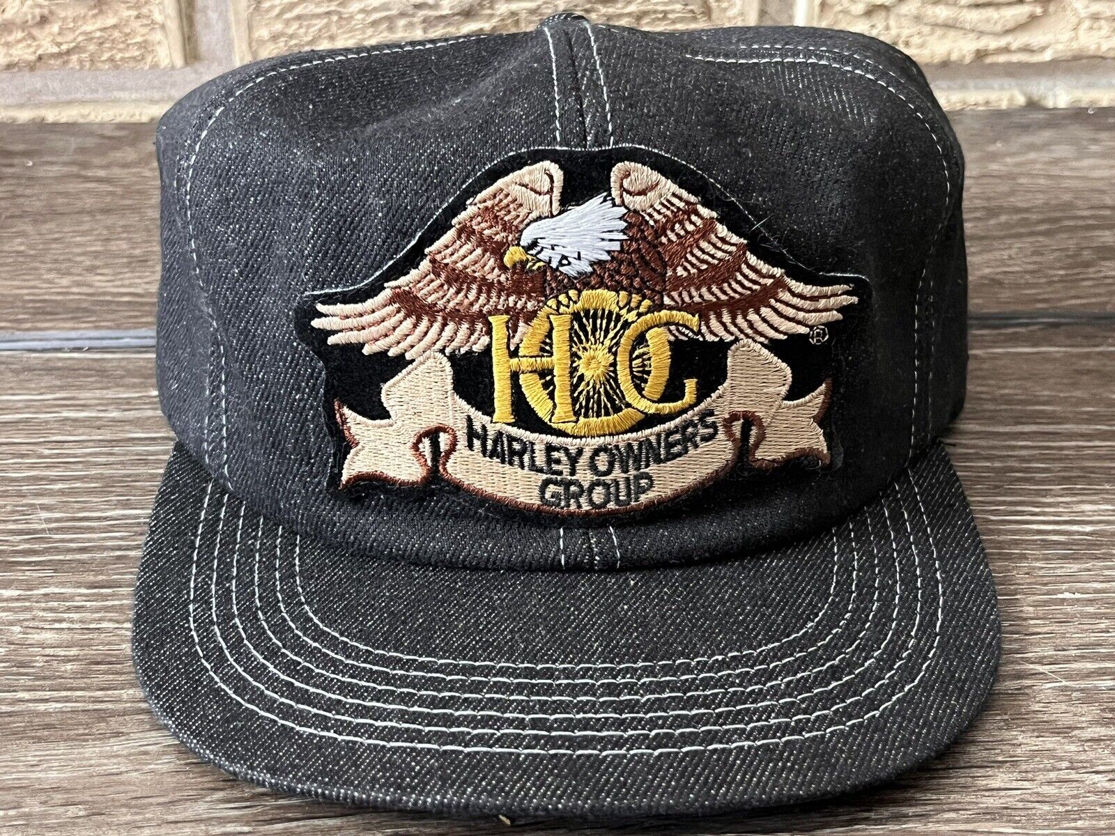 Vintage K Brand Black Denim Hat Harley Davidson HOG Hat RARE Made in USA Trucker