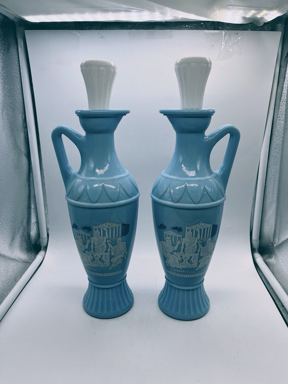 Pair Of Grecian Blue & White Jim Beam Decanter Bottles