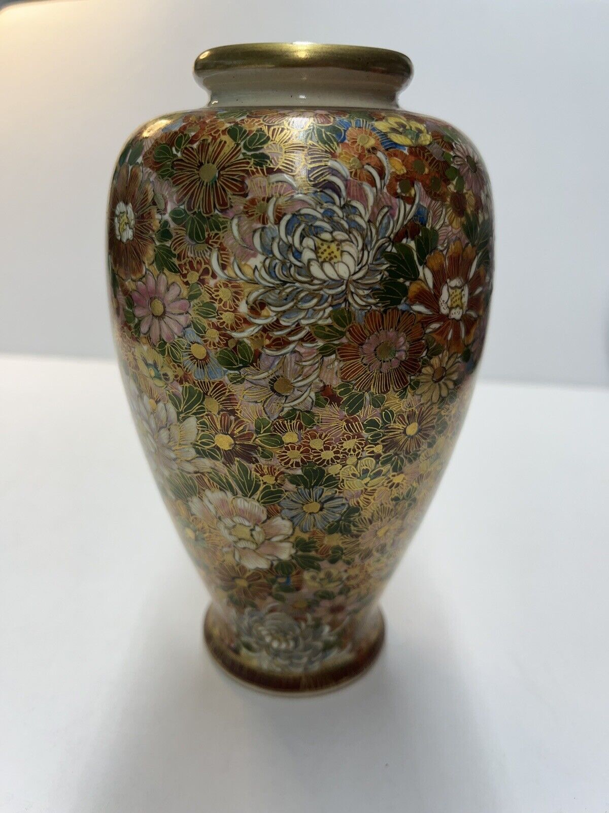 Antique Japanese Satsuma Floral Vase 6” Length 3” At Widest 2” At Opening