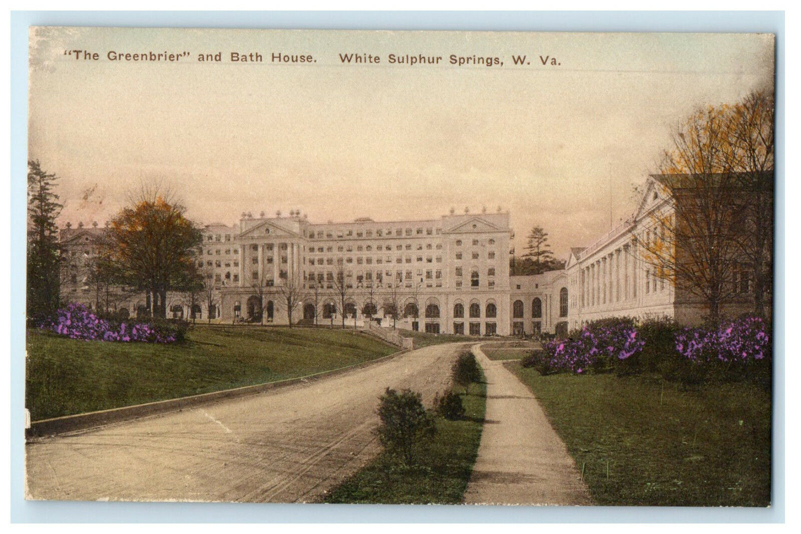 c1920s Hand-Colored Bath House, White Sulphur Springs West Virginia Postcard