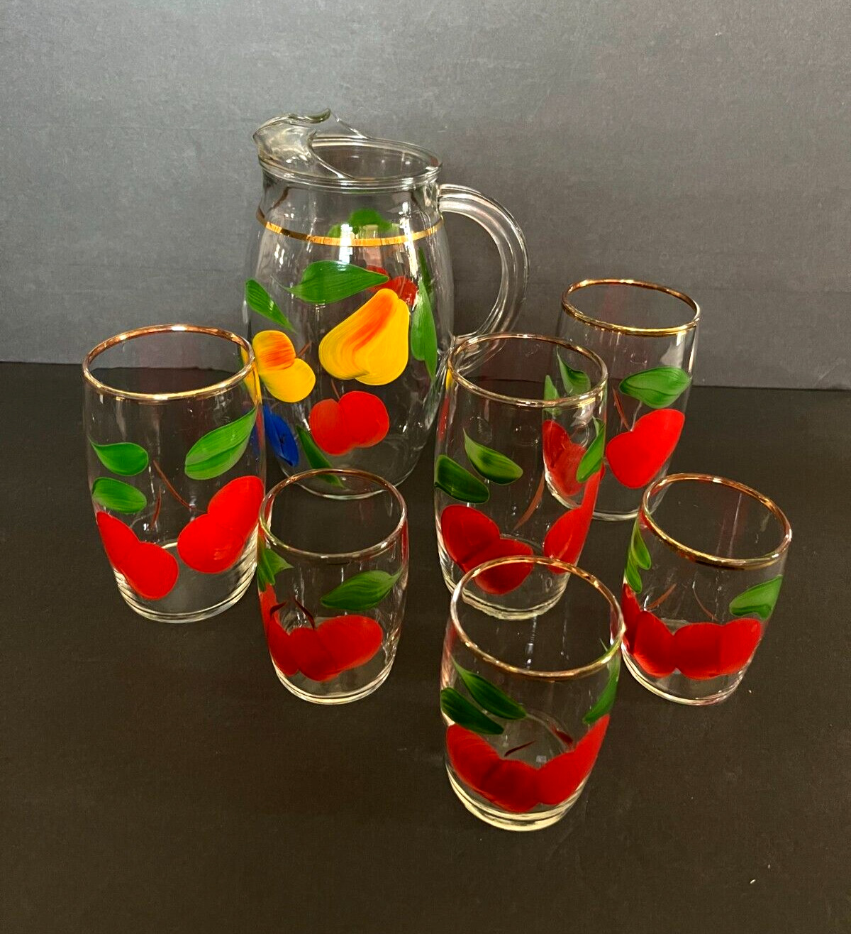 Vintage MCM Juice/water glasses & pitcher apple design lot 7 pc hand painted
