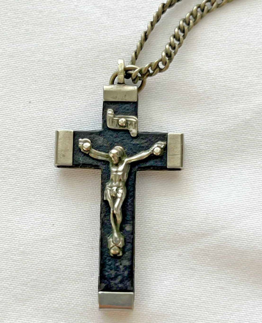 Vintage Silver Wood Crucifix Jesus Made in France Christian Church Pendant chain