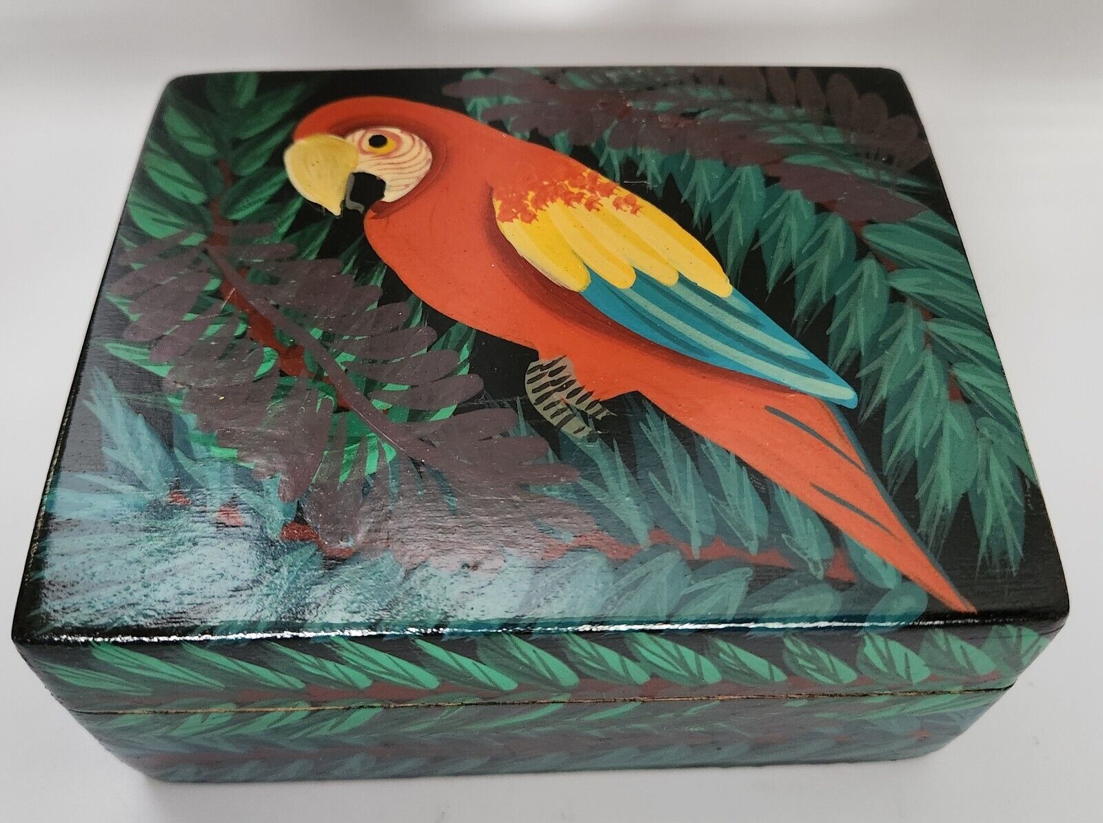 Vintage Hand Painted Cedar Trinket Box/ Jewelry Box/ Parrot/ Tropical