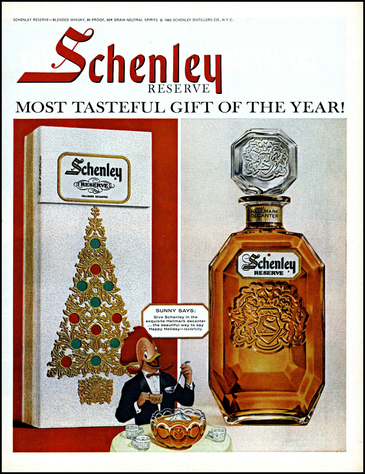 1962 Schenley Reserve Whiskey Sunny the Rooster gift vintage art print ad L42