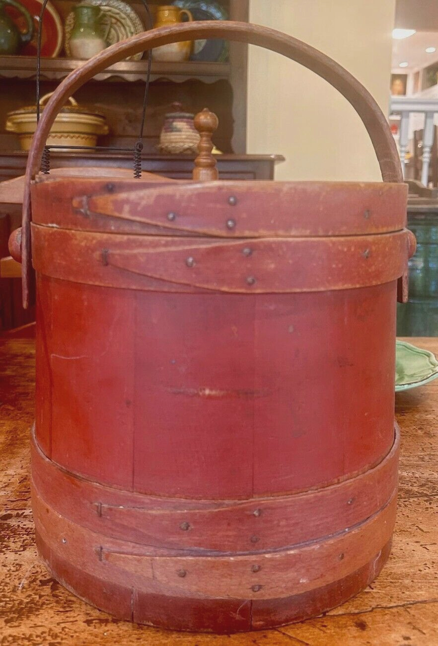 ANTIQUE NAIVE PRIMITIVE RED PAINT FIRKIN SUGAR BUCKET BENTWOOD PANTRY BR JENKINS