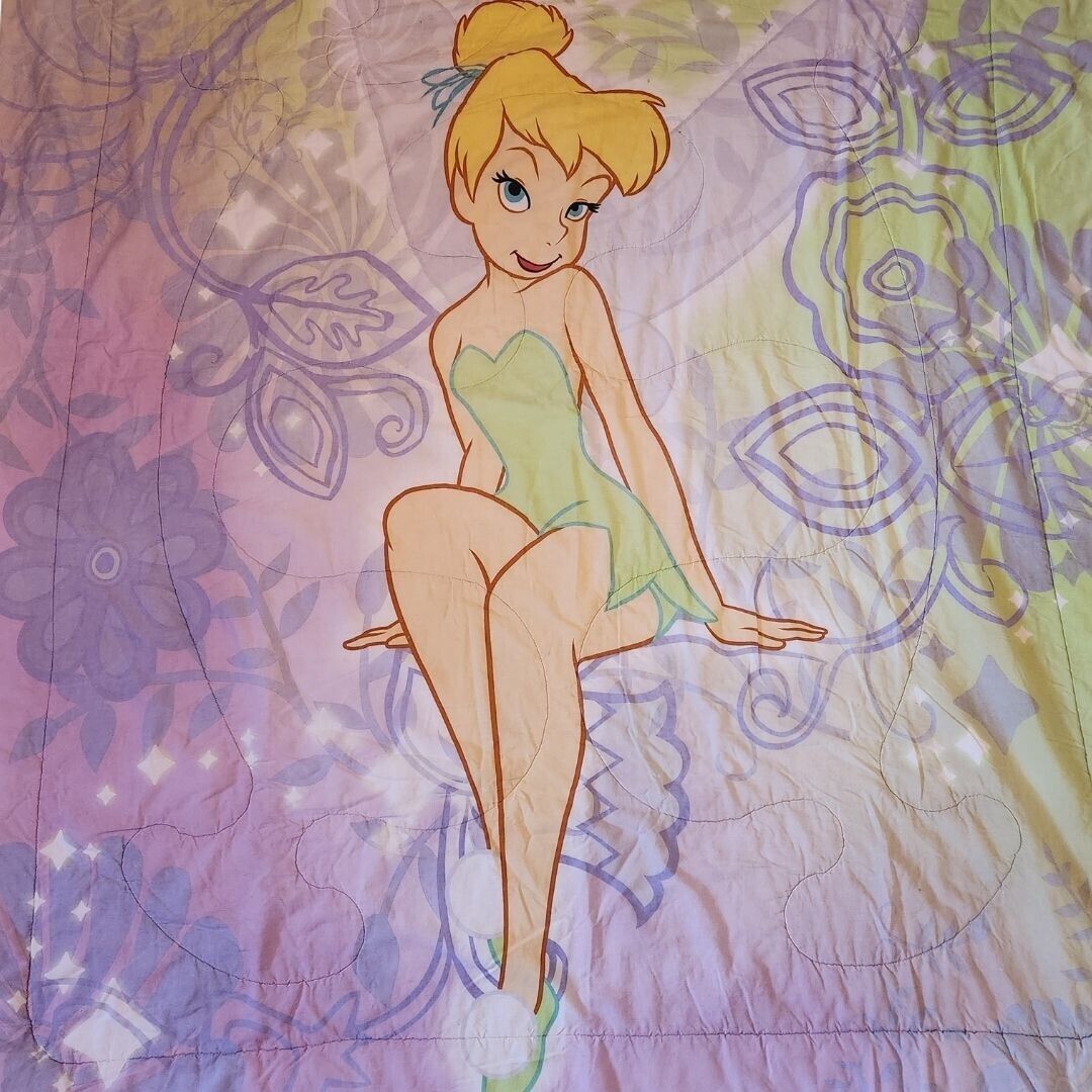 Disney Fairies Tinkerbell Vtg Bedspread Blanket Quilt Twin Full 70 x 83in Purple