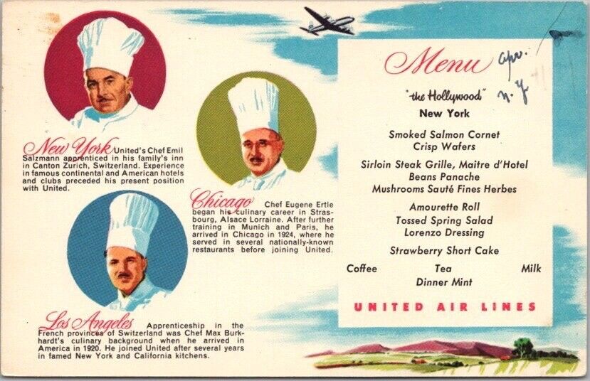 c1950s UNITED AIR LINES Breakfast Menu Postcard \