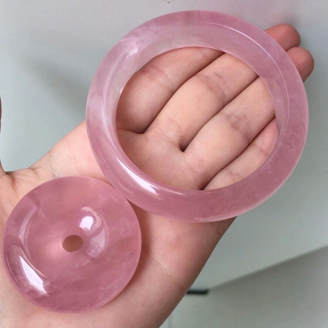 Inner Diameter 60mm Natural Pink Rose Quartz Crystal Woman Bangle Pendant Set