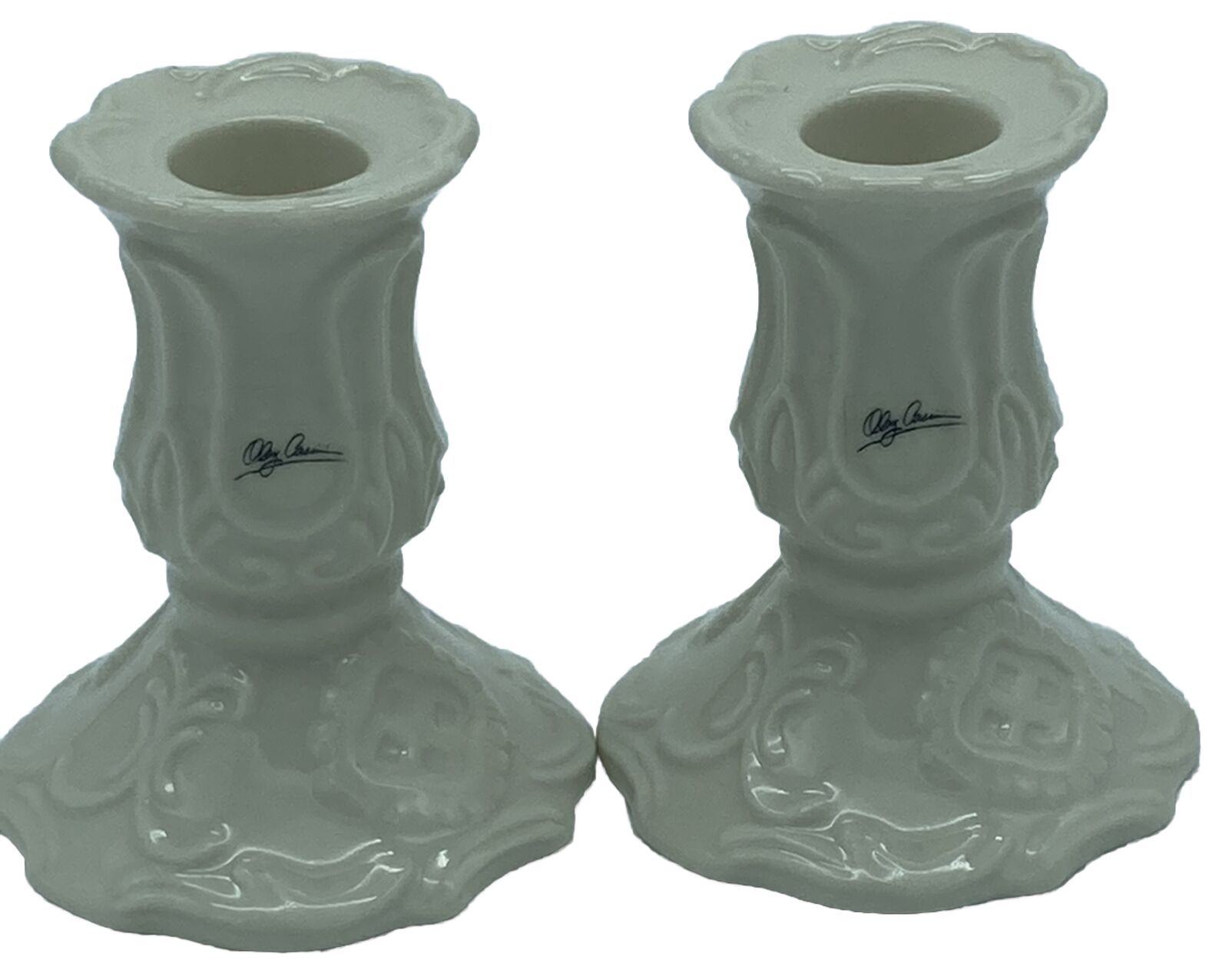 2 Oleg Cassini Ivory Porcelain Candlestick Holders Baroque Style 3.5” H x 2.75”D