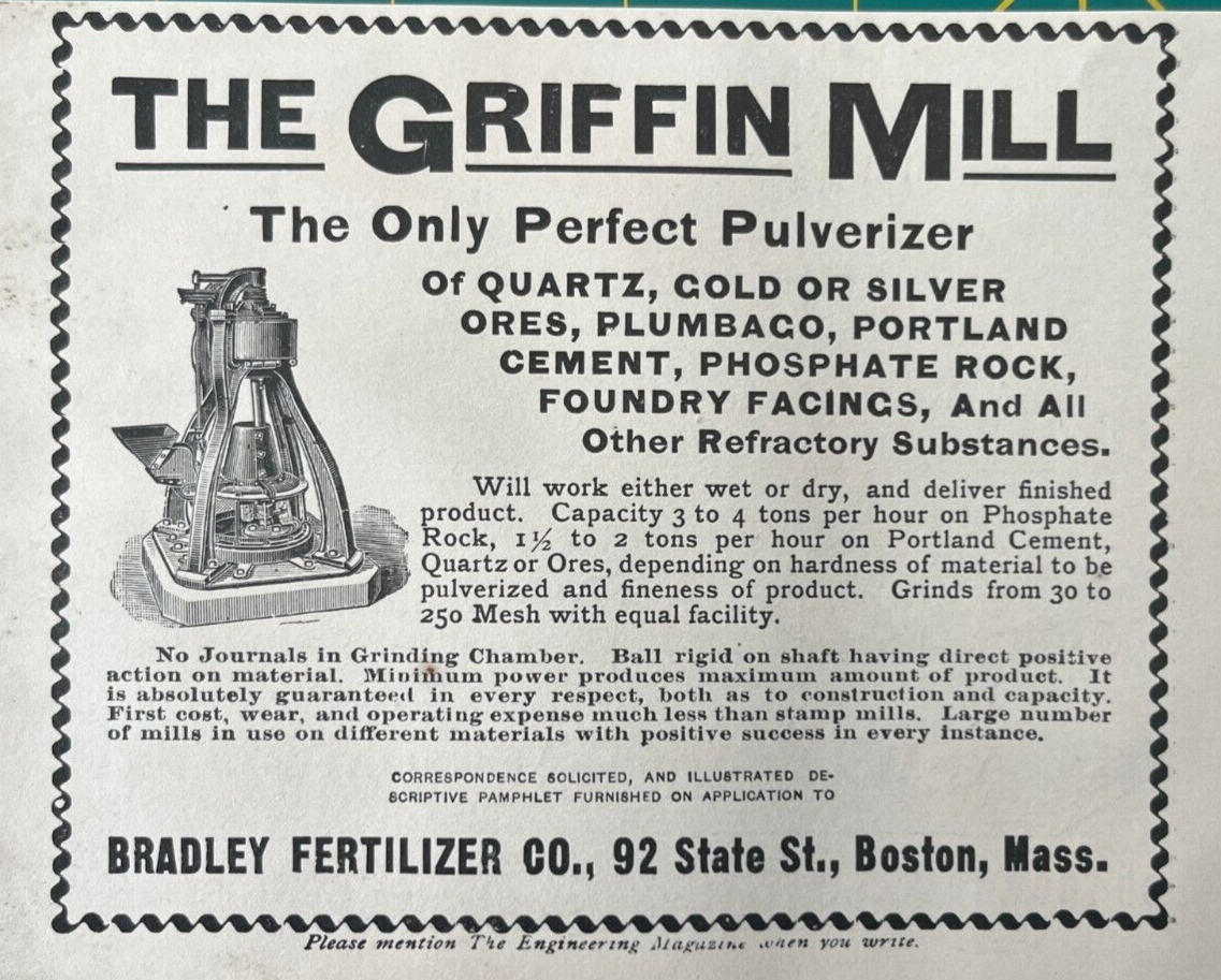 Mining Machinery Vintage Print Ad The Griffin Mill Bradley Fertilizer Co 1894