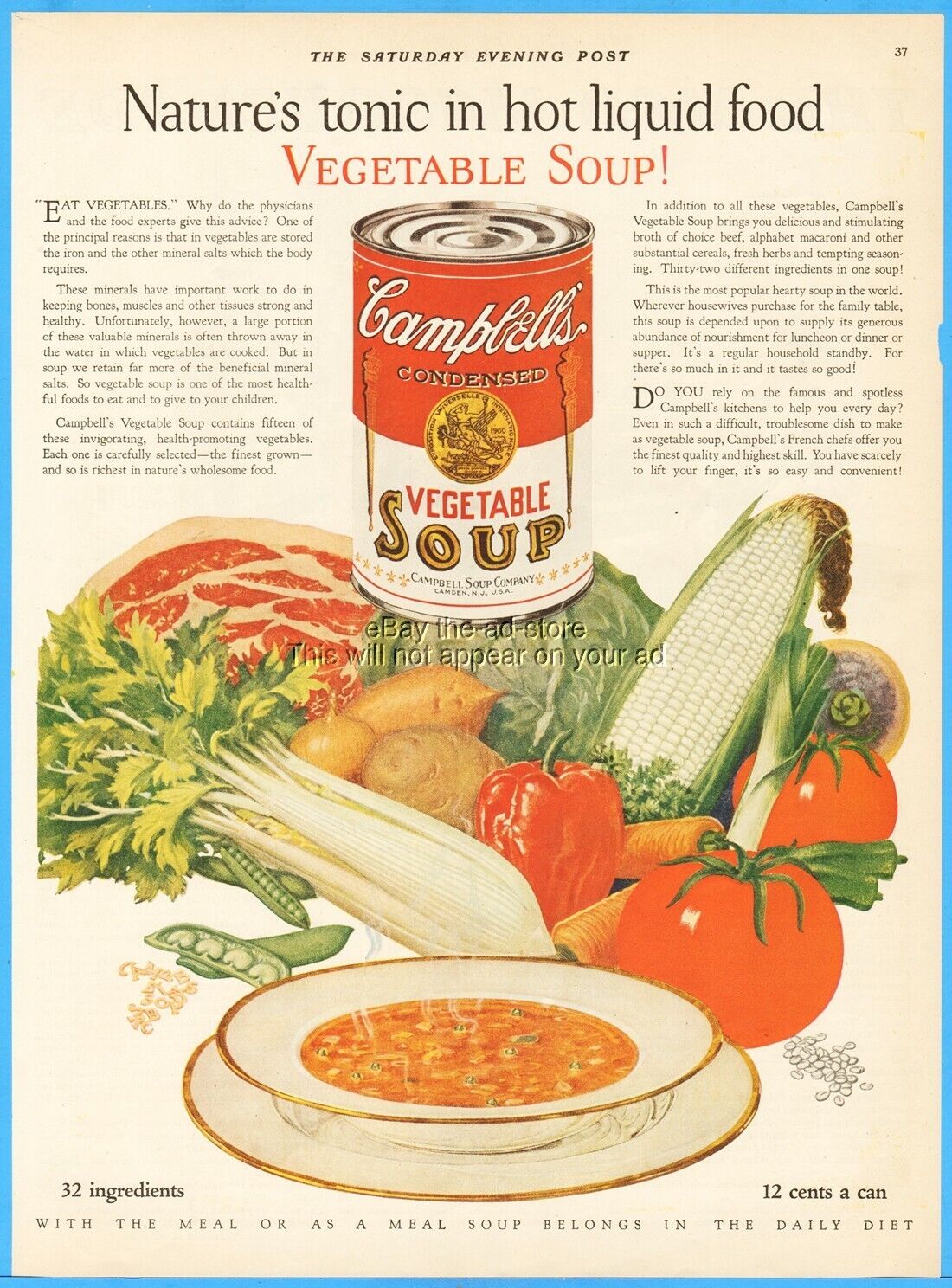 1927 Campbell's Vegetable Soup Vintage 1920's Kitchen Wall Décor Art Ad Ephemera