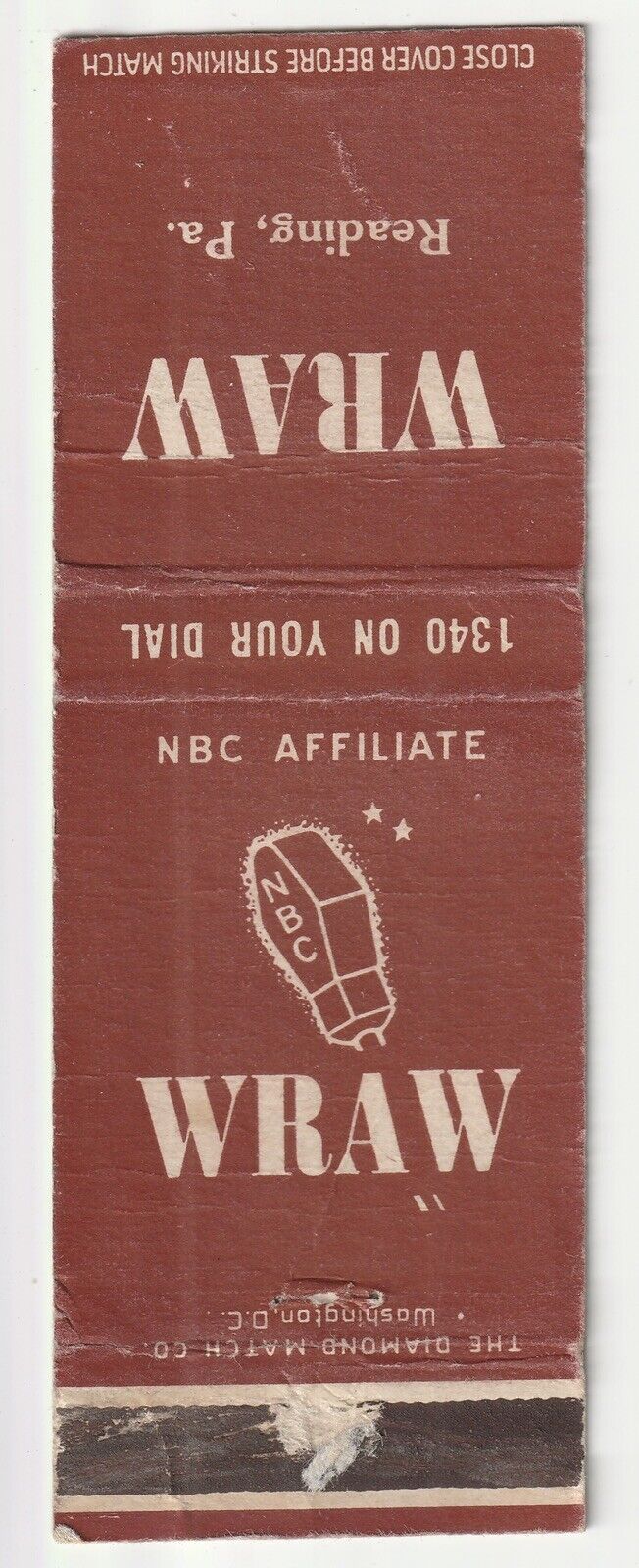 c1940s WRAW Radio Reading Pennsylvania PA Vintage Matchbook Cover