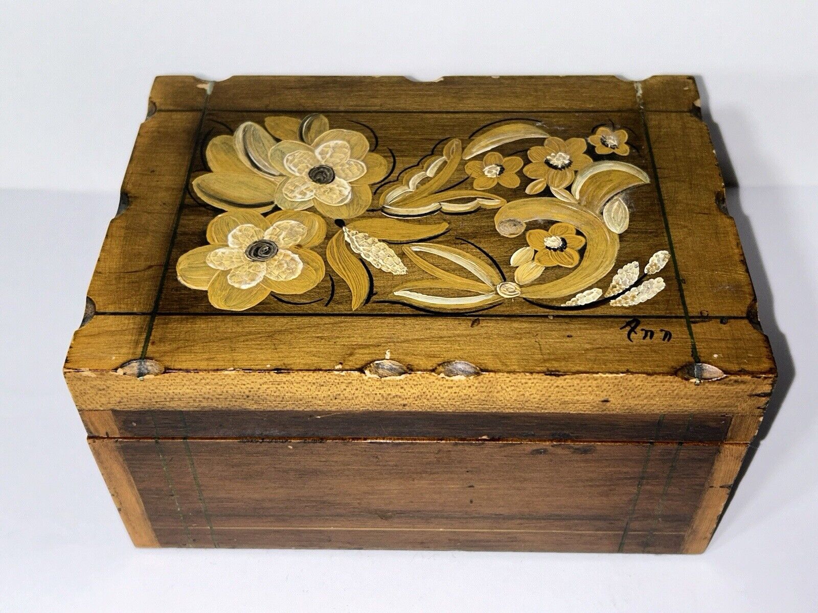 Antique Floral Wooden Dresser Trinket Box Interior Mirror Hand Painted Signed