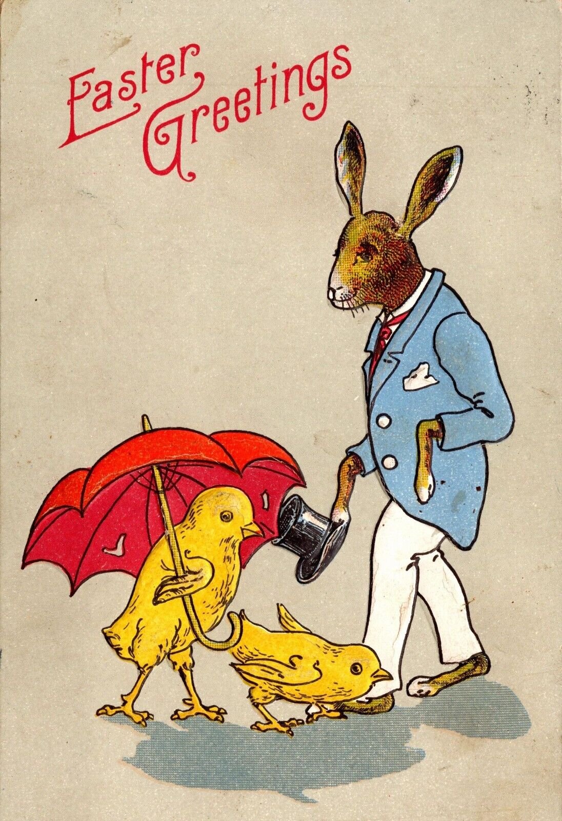 Easter Greetings Postcard Creepy Dressed Bunny Rabbit Top Hat Chick /w Umbrella