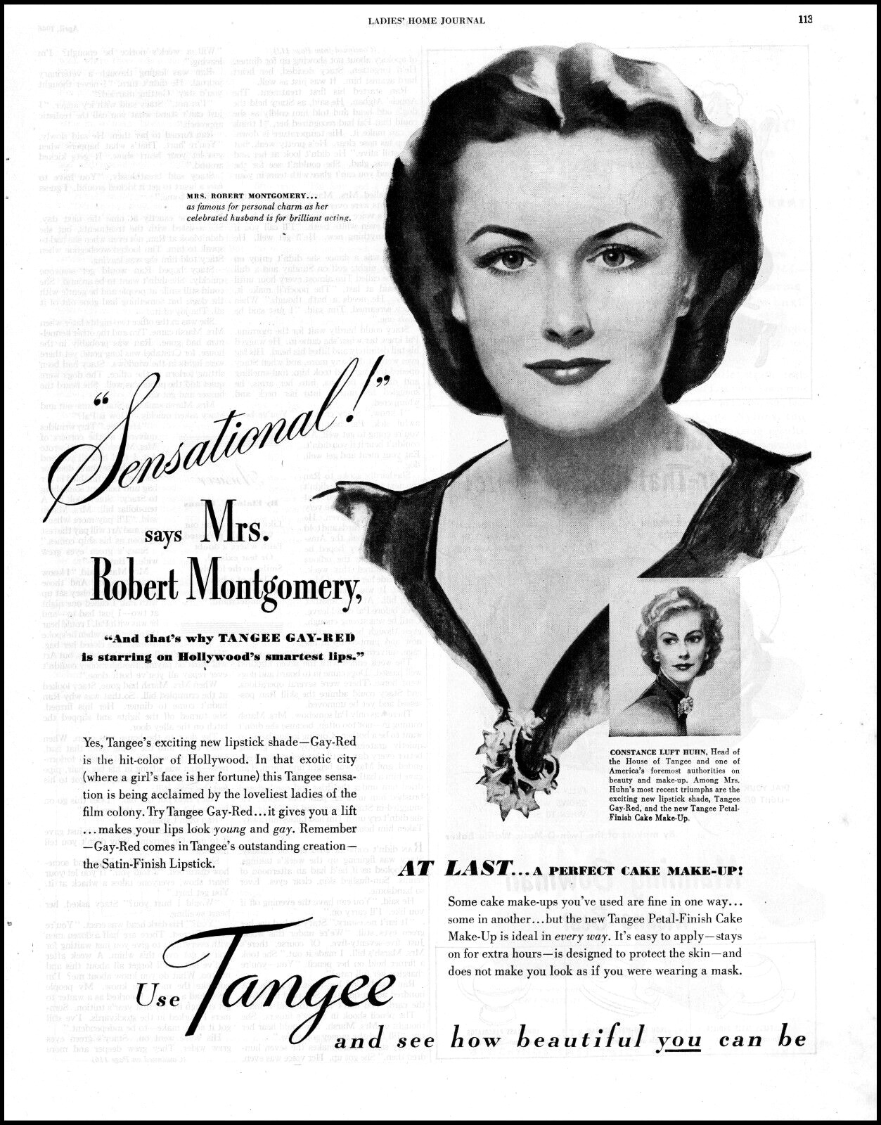 1946 Mrs. Robert Montgomery Tangee make-up vintage art print ad XL19