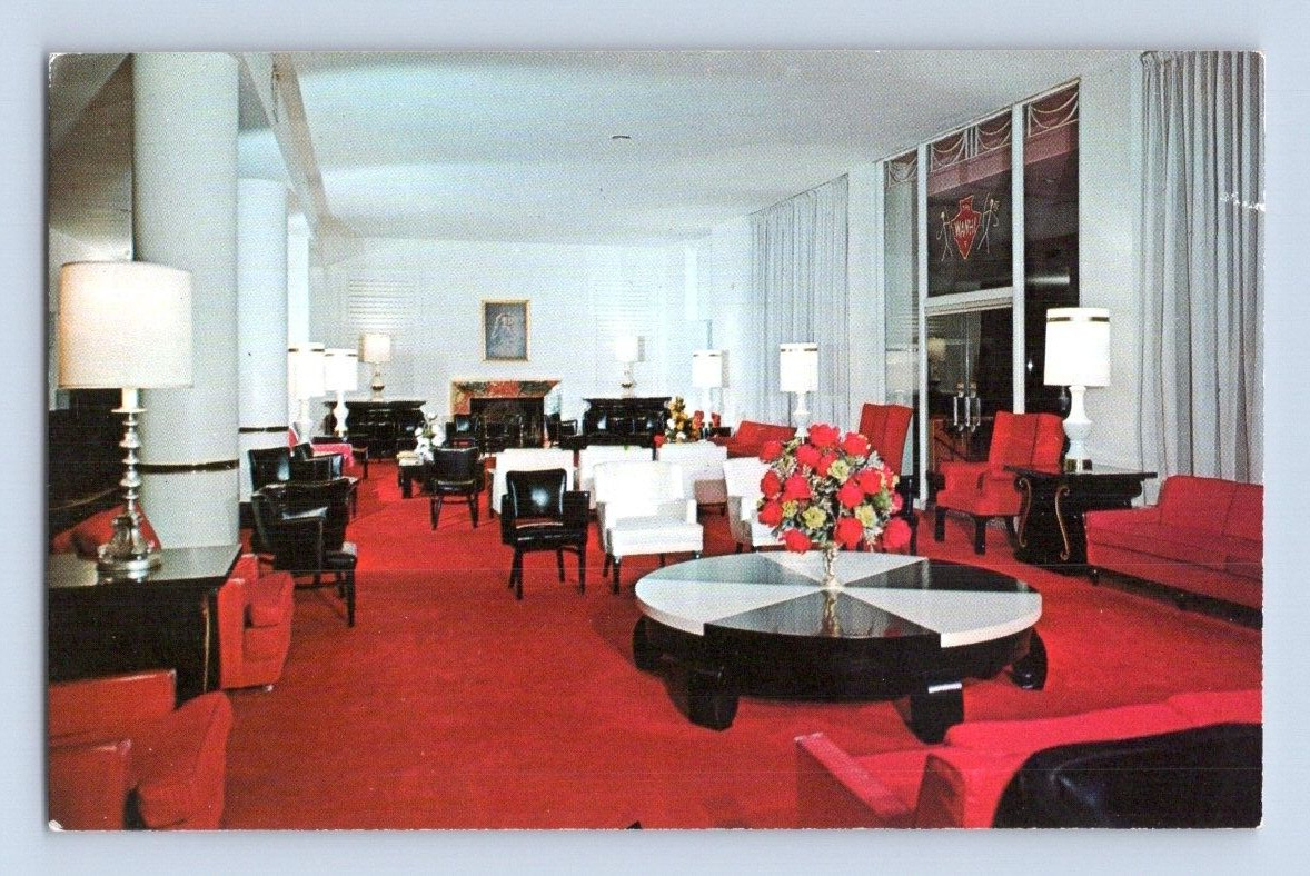 1950'S LOBBY. ARROWHEAD SPRINGS HOTEL. SAN BERNARDINO CA POSTCARD DM1