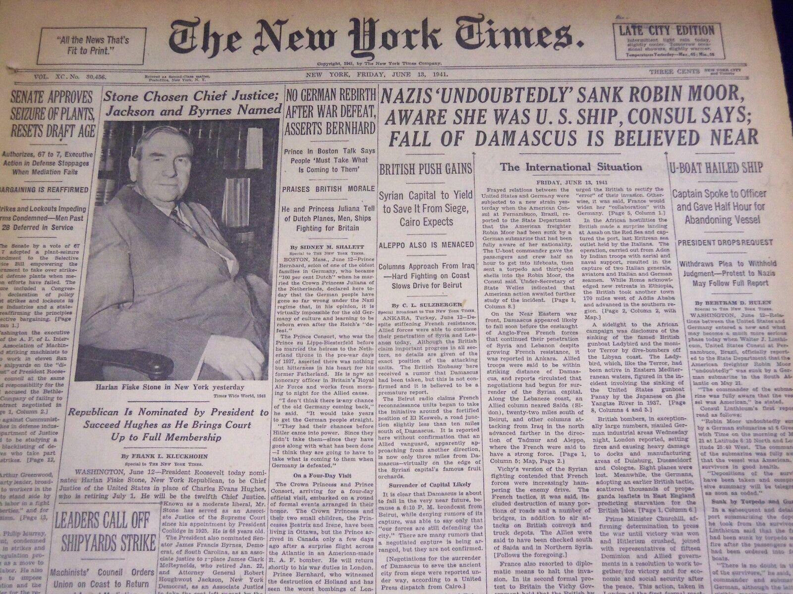 1941 JUNE 13 NEW YORK TIMES - HARLAN STONE CHOSEN CHIEF JUSTICE - NT 1464