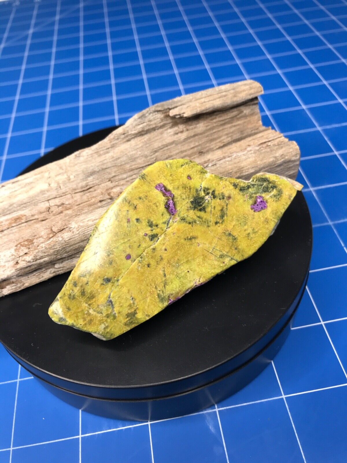 Stitchtite/ Serpentine  reflection, meditation stone driftwood mountain ash base