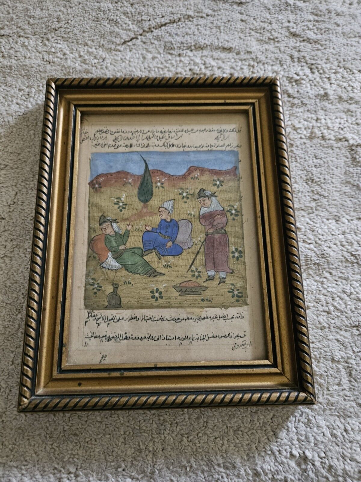 18th Century Painted Picture Text Book Page Arabian Desert Scene Gold Gilt Wood