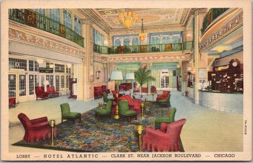 CHICAGO Illinois Postcard HOTEL ATLANTIC Lobby View / Clark Street LINEN c1937